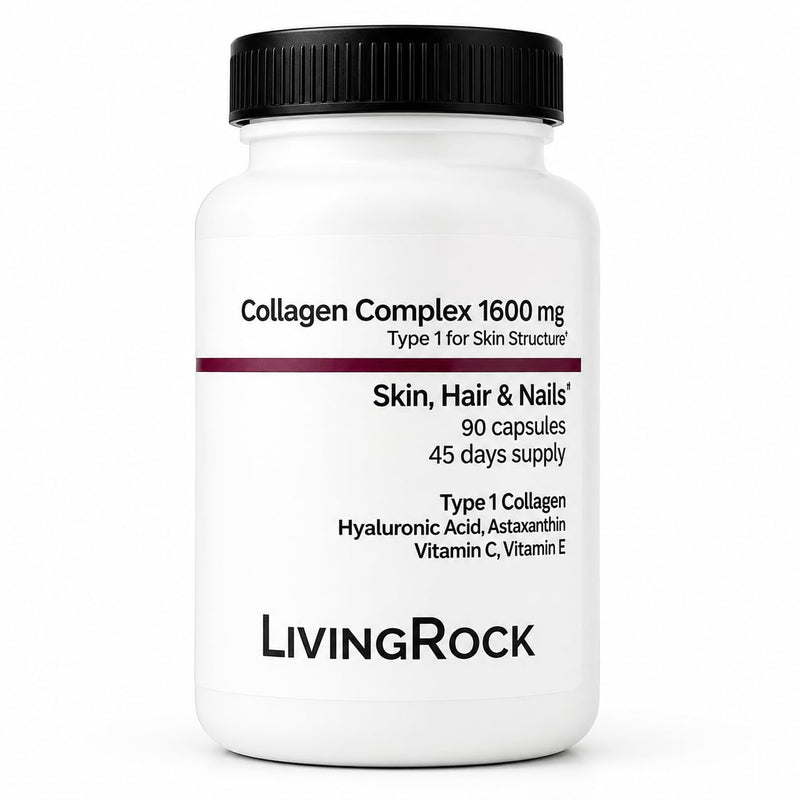 LivingRock Marine Beauty Collagen Complex for Skin, Hair & Nails with Type 1 Marine Collagen, Hyaluronic Acid, Astaxanthin, Vitamins C & E, 90 Capsules, 45-Day Supply