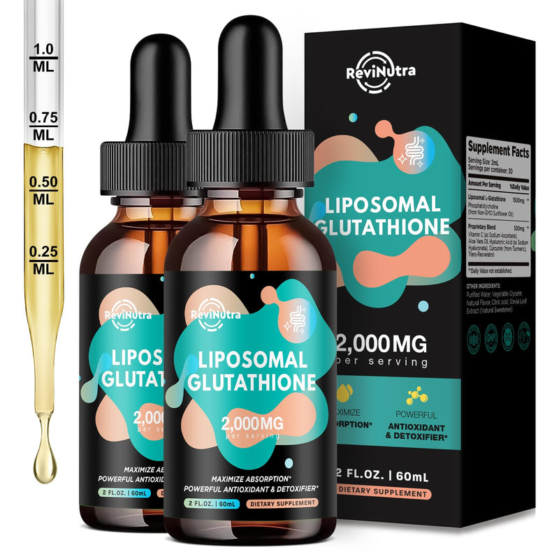 2 Pack Liposomal Glutathione Supplement - 2000mg Glutathione Liquid Drops with Vitamin C, Curcumin & Trans-Resveratrol - Powerful Antioxidant for Immune, Skin Health Natural Flavor 2 Fl Oz (Pack of 2)