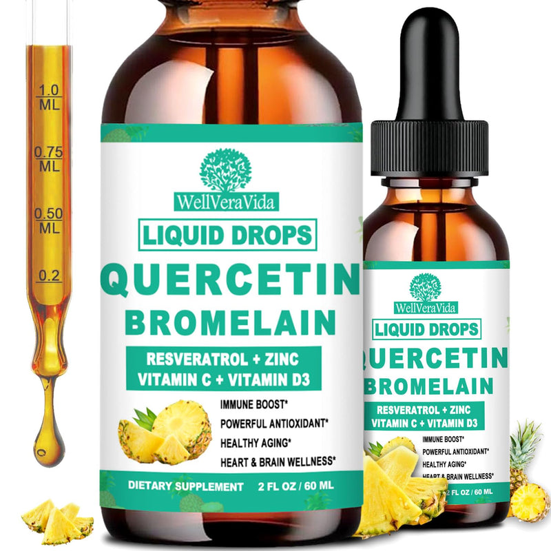 Quercetin with Bromelain, Liquid Quercetin Supplement, Capsule Alternative | Quercetin 1000mg with Bromelain 500mg, Zinc, Vitamin C & D3 for Immune, Antioxidant & Respiratory Support, Non-GMO, 2Fl Oz Pineapple 2 Fl Oz (Pack of 2)
