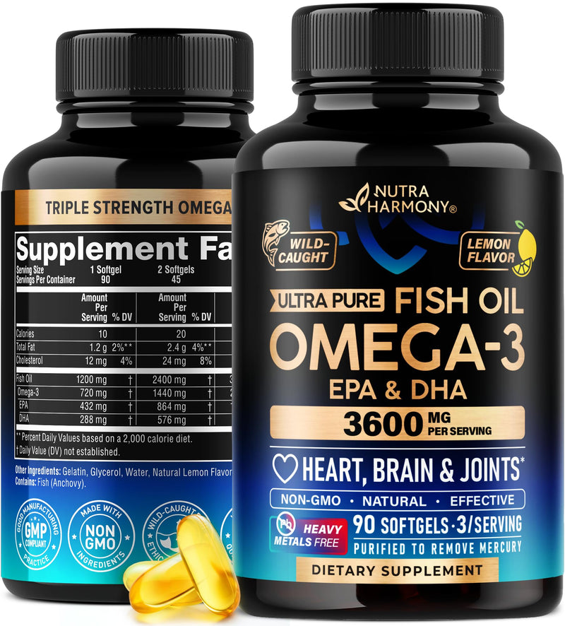 Omega 3 Fish Oil 3600 mg - Omega 3 Supplement | EPA & DHA - Heavy Metals Free - Heart, Brain & Joint Support - Purified Fish Oil for Men & Women - Burpless, Lemon Flavored - Made in USA, 90 Softgels - BeesActive Australia