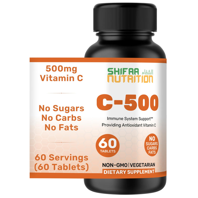 SHIFAA NUTRITION Halal Vitamin C-500 Tablets 60 Servings. Vegetarian, Non-GMO and Sugar Free Vitamin C Pills. for Seasonal and Immune Support.