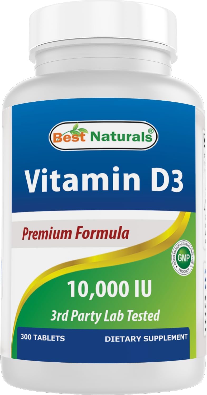 Best Naturals Vitamin D3 10000 IU – 300 Tablets – Made in USA, Non-GMO, Gluten Free, No Artificial Color, Flavor or Preservatives – Dietary Supplement