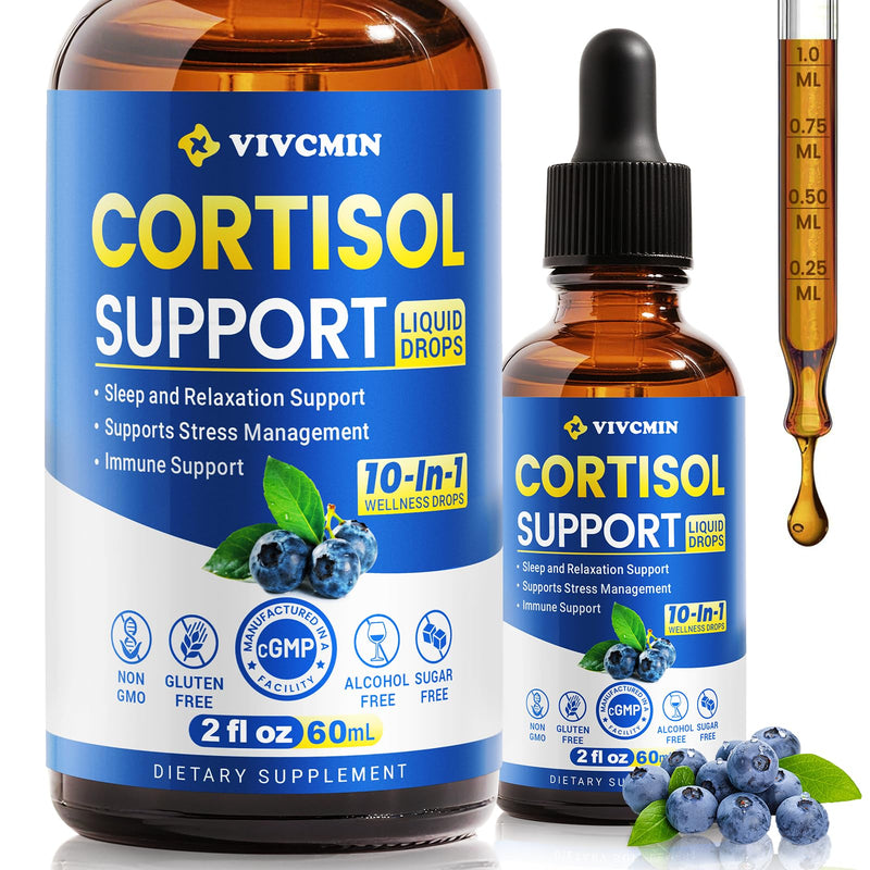 vivcmin 10 in 1 Cortisol Supplements for Women, Mood Support, 2 Fl Oz | Drops, Cortisol Reducer with Ashwagandha, Magnesium, L-Theanine, for Men, Non-GMO, Gluten Free, Blueberry Flavor 2 Fl Oz (Pack of 1)