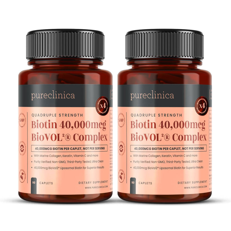 pureclinica 400% Strength Biotin 40,000mcg x 180 Caplets (2 Bottles of 90) – BioVOL²® Liposomal Biotin Complex | with Marine Collagen, Keratin, Vitamin C & More | 6 Months Supply 90 Count (Pack of 2)