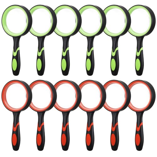 12 Pack 10X Magnifying Glass, 60mm Handheld Reading Magnifier for Seniors, Shatterproof Glass Lens with Non Slip Rubber Handle for Reading and Nature Exploration Orange and Green