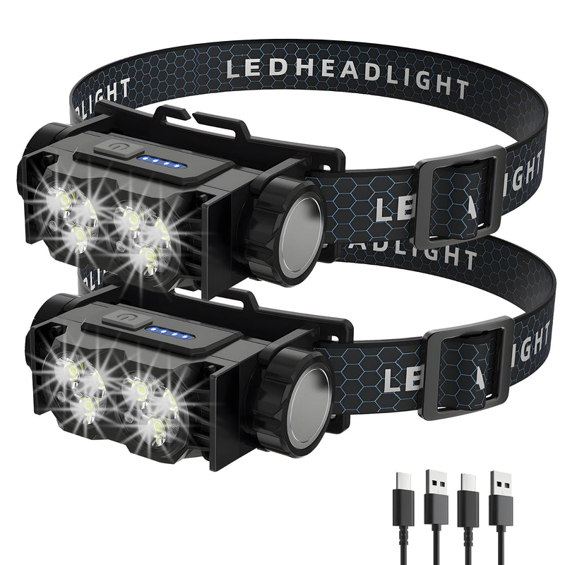 2-Pack LED Headlamp Rechargeable – Super Bright Magnetic Headlight with Type-C Fast Charging, Waterproof, Real-Time Power, Lightweight, 120° Adjustable Beam, Compact for Camping, Hiking, Work, Black
