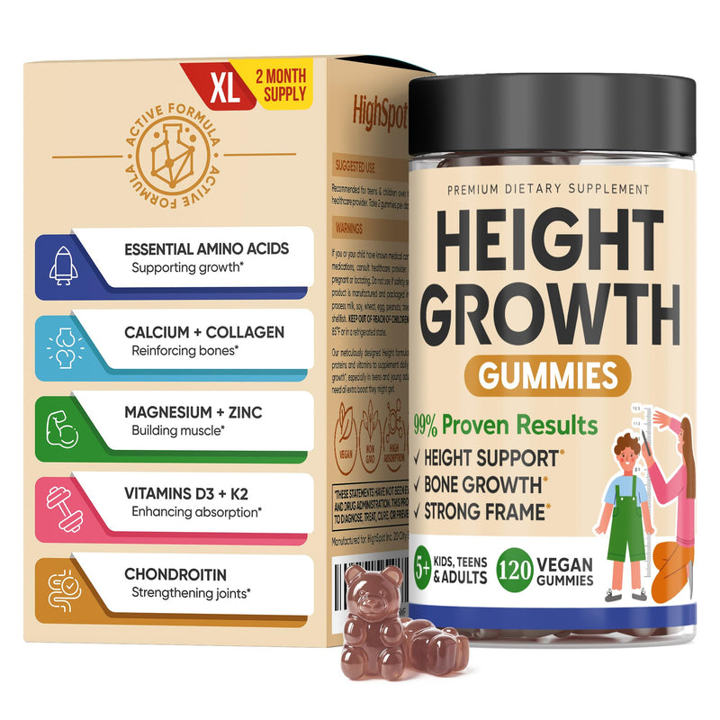 Height Growth Increase Vitamin Gummies, Calcium 100mg, Magnesium Glycinate 30mg, Zinc, Ashwagandha, Vitamin K2 D3 25mg Grow Tall Supplement, Multivitamin for Kids, Teens Boy & Girl, Teen Boy Vitamins 120 Count (Pack of 1)