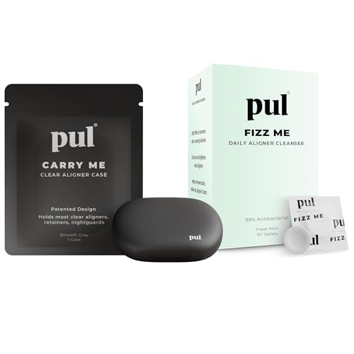 PUL Aligner Care Bundle: Pack of 30 Cleaner Tablets + Gray Aligner Case – For Cleaning & Storing Invisalign, Retainers, Partial Dentures, Mouth & Night Guards, PUL Removal Tool, Dental Removables