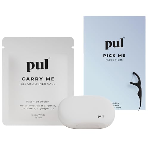 PUL Dental Care Bundle: Pack of 200 Floss Picks + White Aligner Case – Mint Teeth Flossers for Deep Cleaning, Case for Storing Invisalign, Retainers, Mouth & Night Guards, PUL Removal Tool & More