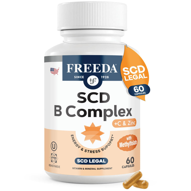 FREEDA Vitamin B Complex with Vitamin C & Zinc – 60 Capsules | Supports Energy & Metabolism with Active B12, Methylfolate, B1–B6, Biotin, Choline - Vegan, Kosher, SCD Legal 60 Count (Pack of 1)