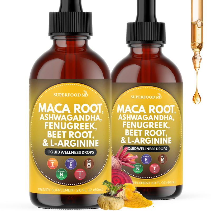 Superfood MD Maca Root Liquid Drops with Ashwagandha, Nettle, Fenugreek, Beet Root and L-Arginine Liquid Multivitamin for Women and Men - 4 Oz 2 Fl Oz (Pack of 2)