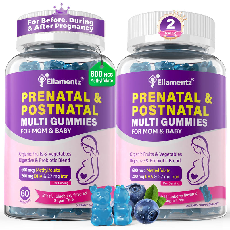 Prenatal Vitamins for Women Gummies + Methylfolate, DHA & Iron, Vegan,120Ct | w/ Omega-3, Organic Food Blend, Choline, Vitamin D3 B6 B12 - Multivitamin for Women Before, During & Post Pregnancy, 0g Sugar 60 Count (Pack of 2)