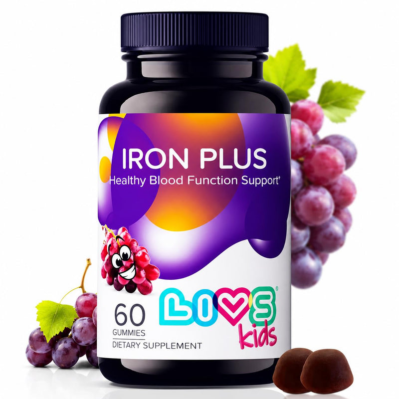 LIVS Iron Supplement for Kids with Vitamin C, A, B3, B5, B6, B12, Biotin, Zinc & Folate | Non-GMO, Gluten Free Chewable Supplement as Gummy for Energy Boost & Anemia Support - 60 Count Kids - Iron Plus 60 Count (Pack of 1)