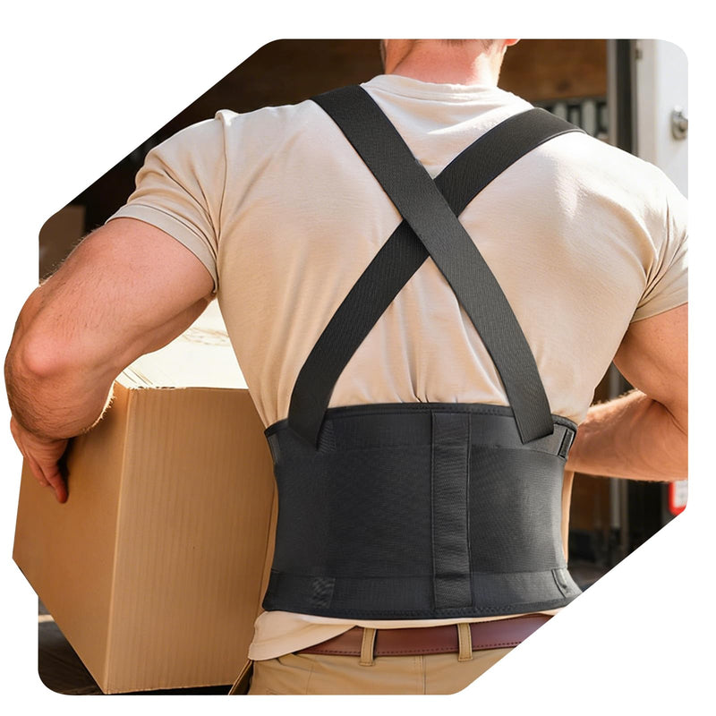 Medical-Grade Work Back Brace with Adjustable Shoulder Straps [Stronger Support & Breathable Mesh] Lower Back Support Belt for Men Women - Pain Relief for Lifting, Warehouse, Construction & Moving Black Medium