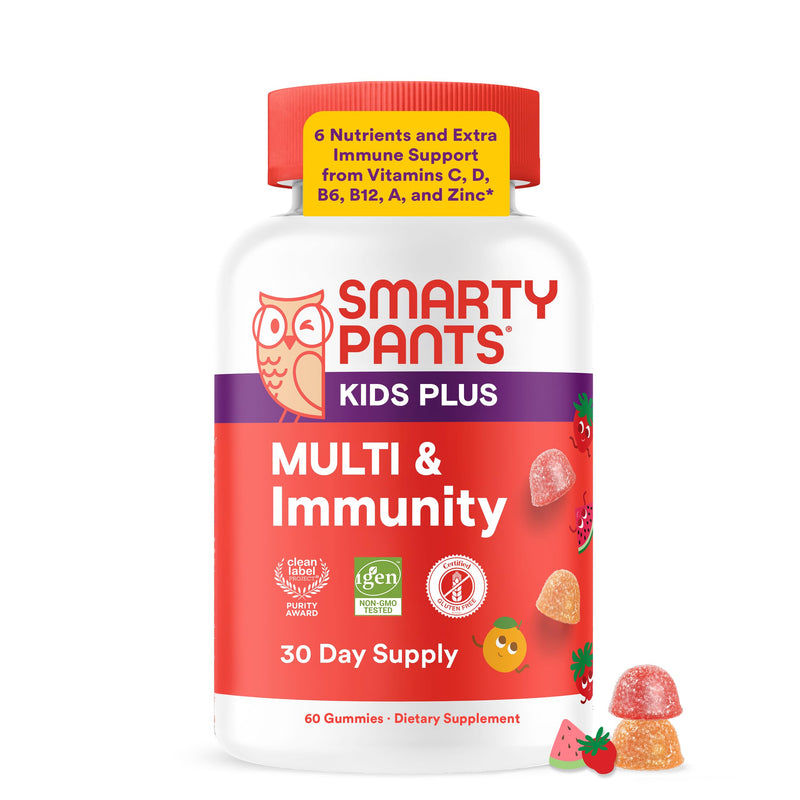 SmartyPants Kids Plus Multi & Immunity Multivitamin Gummies with Vitamins C, D, B6, B12, A, Zinc, Biotin, Iodine, Gluten Free, Clean Label, Two Fruit Flavors, 60 Gummies (30 Day Supply) 1 Count (Pack of 1) Multi + Immunity