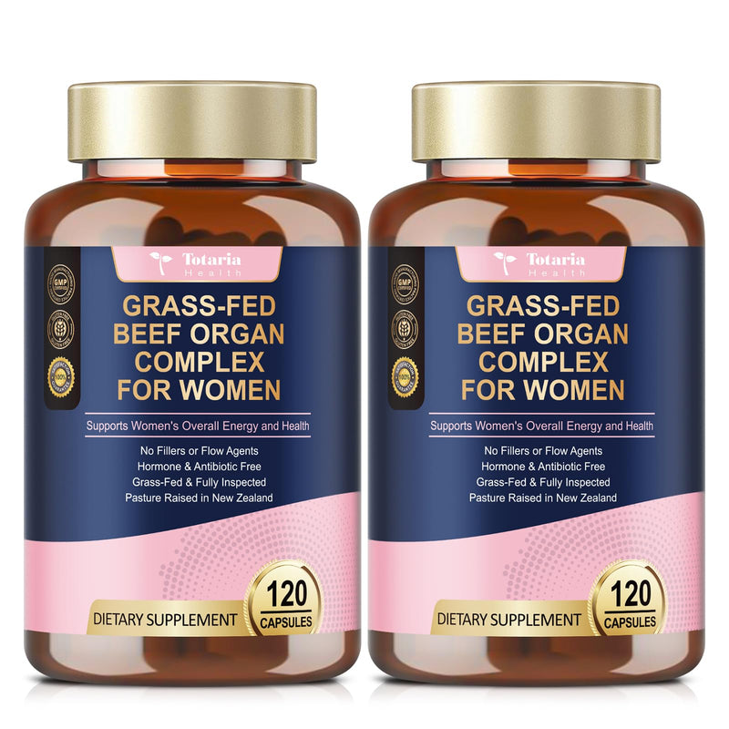 Totaria 2 Pack Beef Organ Supplement for Women - Beef Liver, Kidney, Heart,Uterus Tissue - Balance Hormones & Women's Overall Energy - Grass Fed, Pasture Raised - Natural Iron Supplement with Folate 120 Count (Pack of 2)