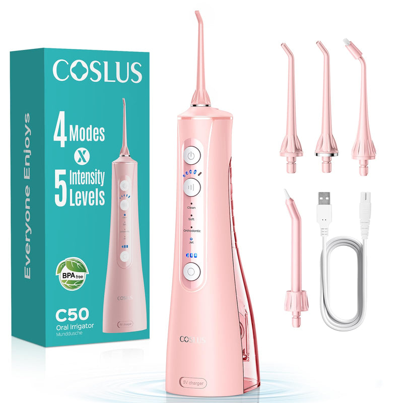 COSLUS C50 Portable Water Flosser for Teeth: 4 Modes & 5 Intensity Levels Professional Electric Dental Pick for Sensitive Gums, Braces & Orthodontic - Cordless for Travel Use, BPA-Free Pink