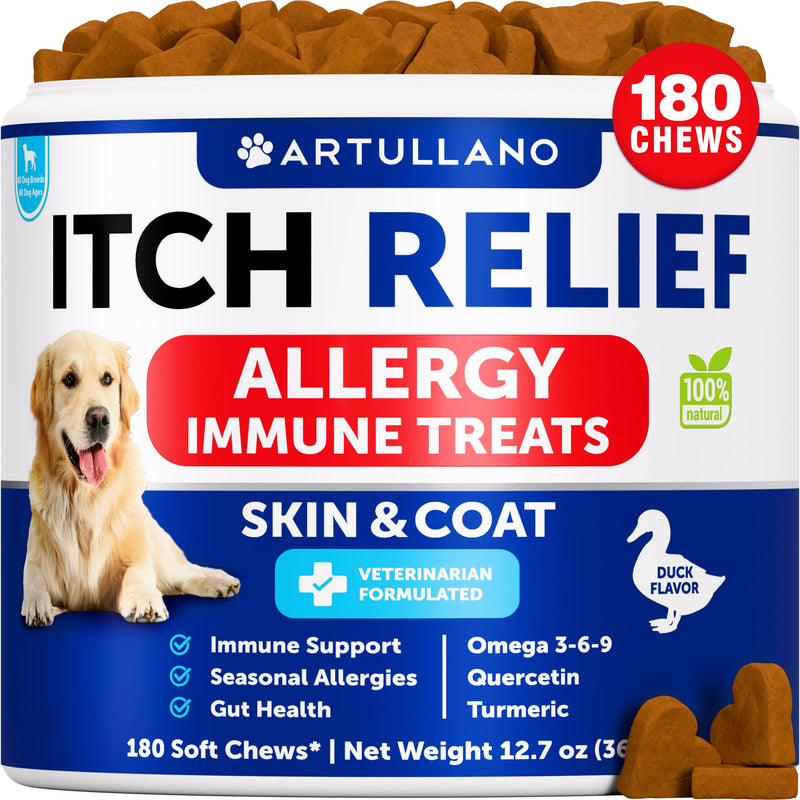 Dog Allergy Relief Chews - Itching Skin Relief for Dogs - 180 Soft Treats - Fish Oil - Omega 3 - Seasonal Allergies Pills - Skin & Coat, Anti Itch,Hot Spots Treatment - Canine Immune Health Supplement 180 Treats