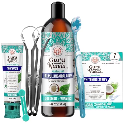 GuruNanda Whitening & Fresh Breath Bundle – 7-Day Whitening Strips, Hydroxyapatite Toothpaste & CocoMint Oil Pulling 8oz for a Brighter Smile & Happier Gums