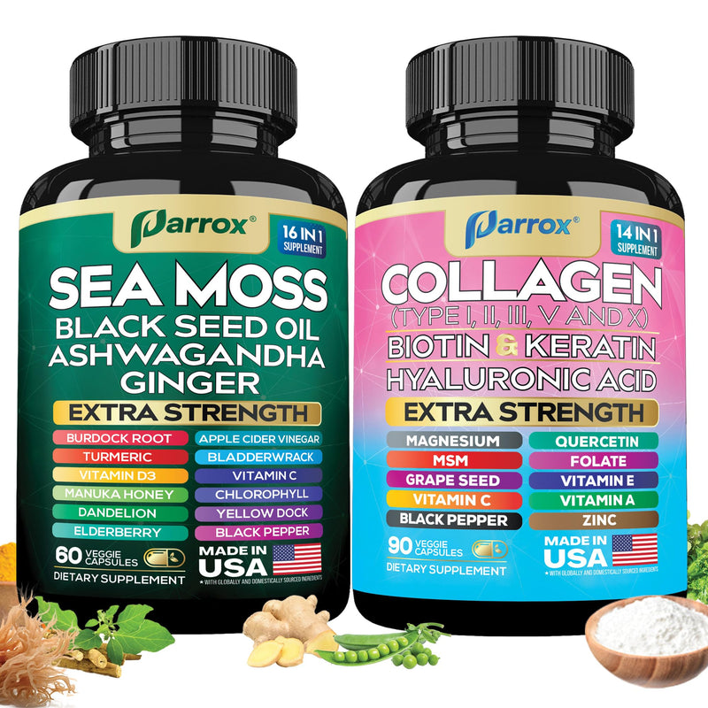 Sea Moss & Collagen Support Bundle, Black Seed Oil, Radiant Wellness Set | Black Seed Oil, Ashwagandha, Ginger, Collagen I-X, Biotin, Keratin, Burdock, Turmeric, Vitamin D3, Magnesium 150 Count (Pack of 2)