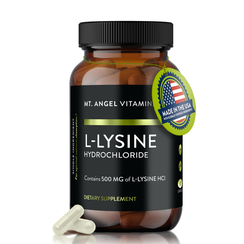 Mt. Angel Vitamins - Premium L-Lysine 500mg Capsules – Vegan-Friendly Essential Amino Acid – Supports Immune System & Collagen Formation – Non-GMO – 60 Capsules 60 Count (Pack of 1)