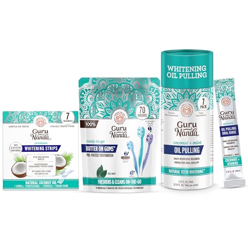 GuruNanda On-the-Go Oral Bundle – 70ct Disposable Toothbrushes, 7 Oil Pulling Sachets & 7-Day Whitening Strips for a Happy Smile Anywhere