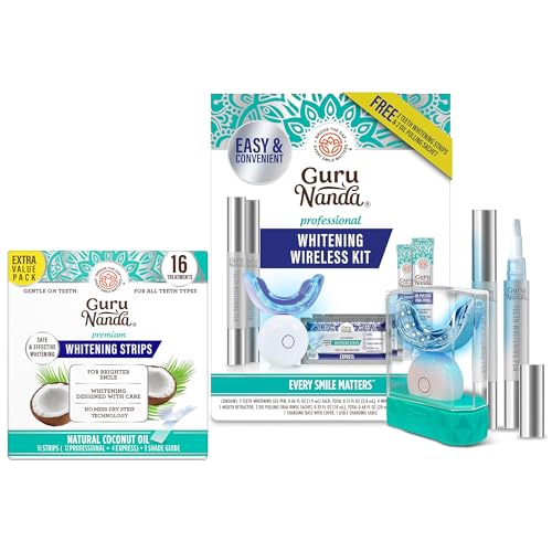 GuruNanda Ultimate Whitening Duo – Professional LED Whitening Kit & 16-Day Whitening Strips for Removing Surface Stains & Achieving a Brighter Smile On-the-go