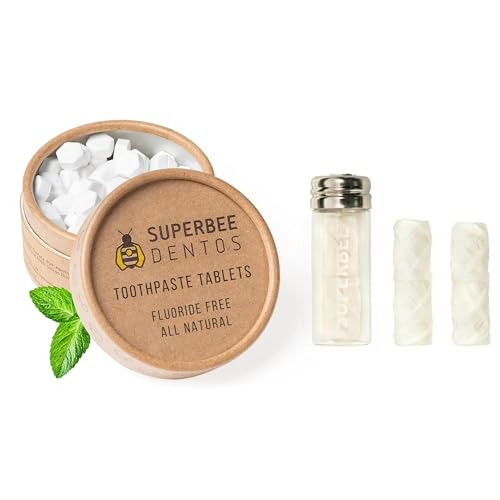 SuperBee Dentos Toothpaste Tablets & Dentos Floss, 150 Tabs, Fluoride Free & Eco Friendly, Travel Mouthwash Tablets, Sensitive Bites Kids Adults, Chewable Tablet, Spearmint