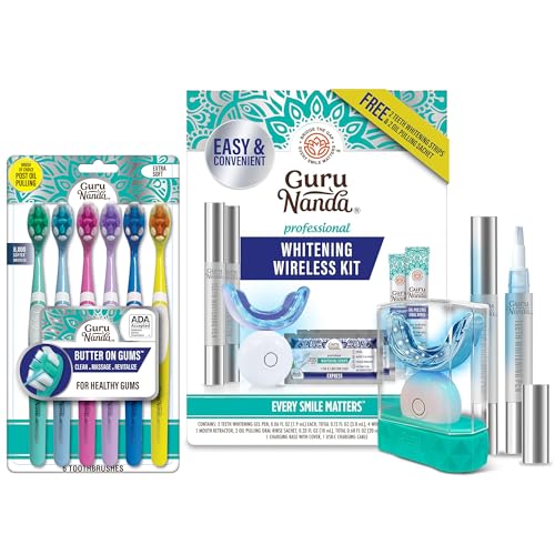 GuruNanda Pro Whitening & Care Bundle – Professional LED Teeth Whitening Kit & Butter on Gums Toothbrush 6pk for a Brighter Smile & Gentle Daily Cleaning