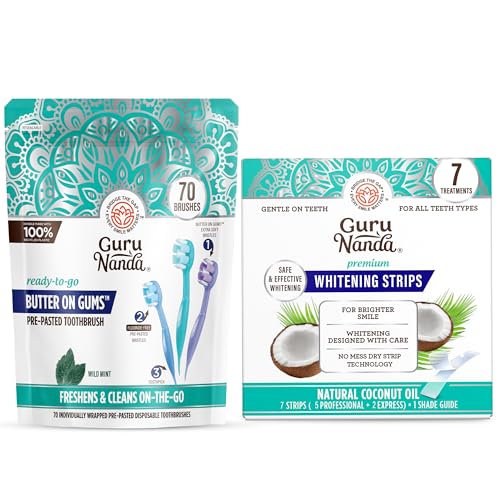 GuruNanda On-the-Go Whitening Bundle – 70ct Disposable Pre-Pasted Toothbrushes & 7-Day Whitening Strips for a Brighter Smile Anytime, Anywhere