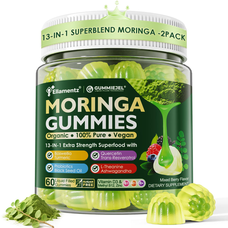 Moringa Gummies 1000mg for Women & Men Sugar-Free, 13-in-1 Superfood with Turmeric, Ashwagandha, Trans-Resveratrol, VB12 D3, Pure Moringa Leaf Supplement for Energy, Immune, Skin,Antioxidant, 2Pack 60 Count (Pack of 2)