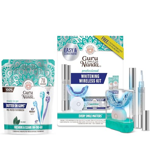 GuruNanda Whitening On-the-Go Bundle – Professional LED Teeth Whitening Kit & 70ct Disposable Pre-Pasted Toothbrushes for Easy Brightening & Fresh Smiles Anytime