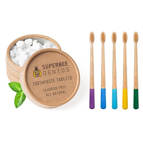 SuperBee Dentos Toothpaste Tablets & Biodegradable Bamboo Toothbrushes, 150 Tabs, Fluoride Free & Eco Friendly, Travel Mouthwash Tablets, Sensitive Bites Kids Adults