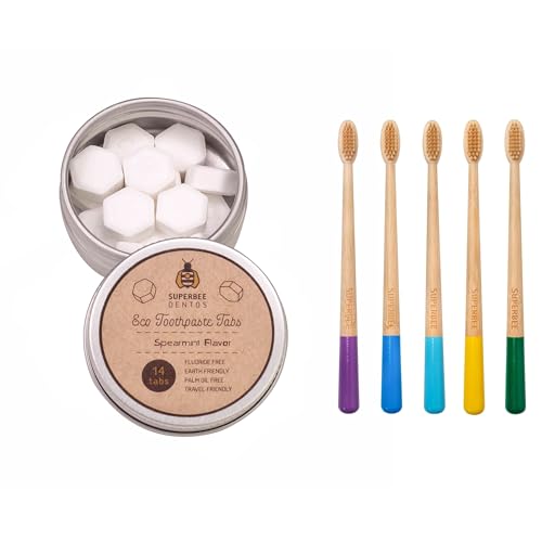 SuperBee Dentos Toothpaste Tablets & Biodegradable Bamboo Toothbrushes, 14 Tabs, Fluoride Free & Eco Friendly, Travel Mouthwash Tablets, Sensitive Bites Kids Adults