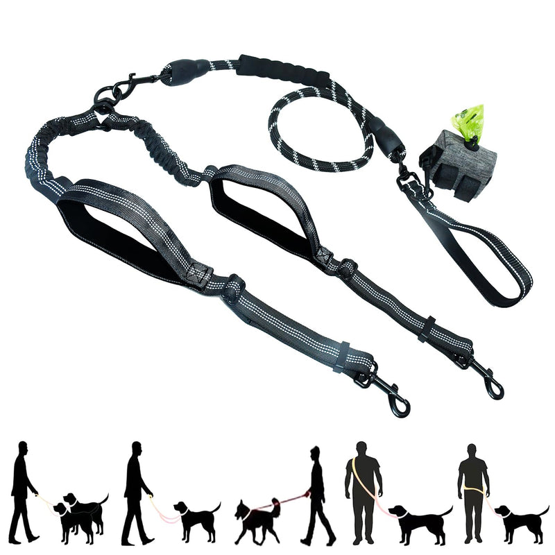 Double Dog Leash - Hands Free Dog Leash Crossbody & Waist for Dog Walking - Tangle-Free Bungee & Padded Handles for Medium & Large Dogs, Black