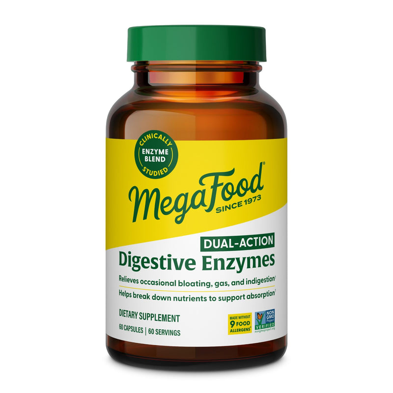 MegaFood Dual-Action Digestive Enzymes for Women & Men, 60 Capsules | Gas and Bloating Relief for Women and Men, Supports Nutrient Absorption and Digestive Health, Vegan, Gluten-Free, 60 Servings