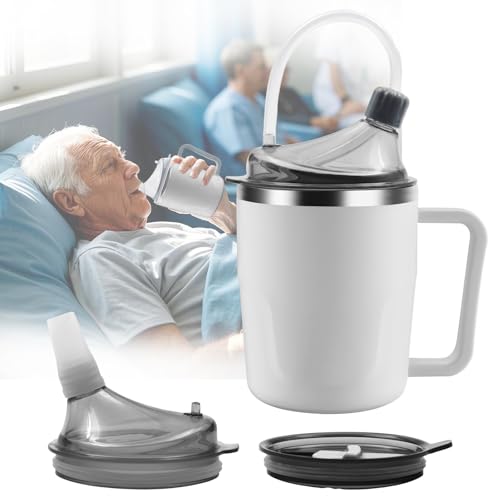 Adult Spill Proof Cup for Elderly, 3 in 1 Stainless Steel Sippy Cup with Straw and 2 Lids, Suitable for Seniors Disabled Patients Limited Mobility, 14 OZ