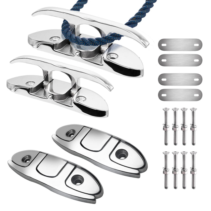 Stainless Steel Boat Cleat, 4.5" / 6" Marine Grade 316 Folding Cleats with Backing Plates, Flip Up Cleat for Dock Kayak Sailboat Yachts 4.5" 4 Pack - BeesActive Australia