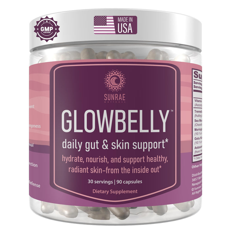 Sunrae Glowbelly Beauty Supplement with Sea Moss, Astaxanthin, Moringa, & Vitamin C for Glowing Skin, Hydration, Healthy Aging & Gut Health – 90 Capsules