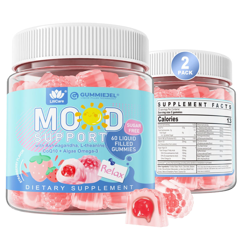 Ashwagandha Mood Support Supplement Calm Relax Gummies for Women Men, 120ct | Natural Calming Gummies for Adults with Vitamin D3 B6, Vegan Omega 3, L-Theanine, CoQ10 & Rhodiola Rosea, Vegan, Sugar Free 60 Count (Pack of 2)