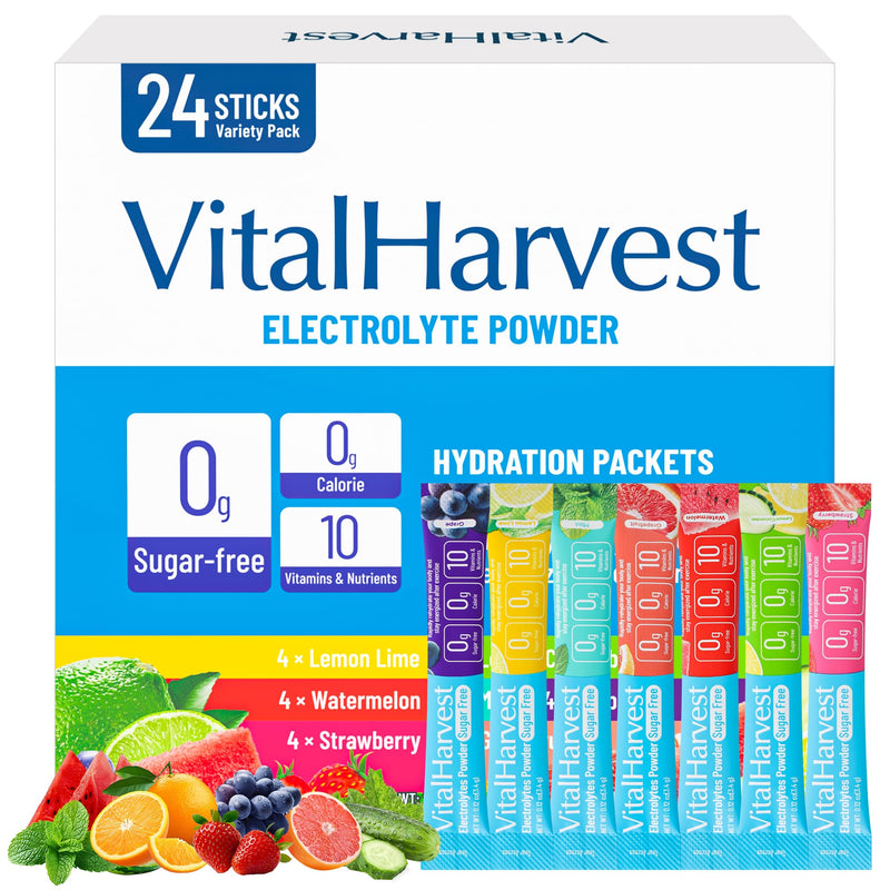 24 Sticks Electrolytes Powder Packets 7 Flavors Sugar Free Hydration Packets Liquid Daily IV Drink Mix, Low Sodium, Lemon Lime, Watermelon, Strawberry, Grape, Grapefruit, Lemon Cucumber, Mint 24 Servings (Pack of 1)