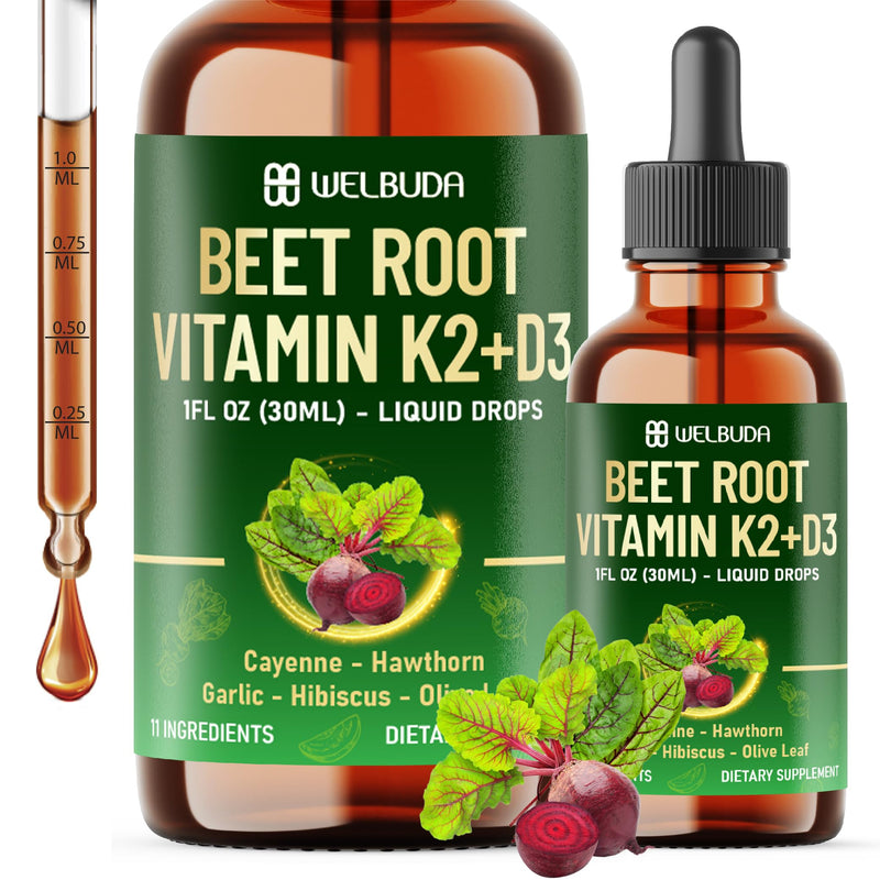 11in1 Beet Root Liquid Supplement - for Support Immune, Energy - with Vitamin D3, Vitamin K2, Hawthorn Berry, Cayenne Pepper, Garlic, Hibiscus, Olive, Red Spinach, Green Tea - 1 FL Oz - 30 Servings