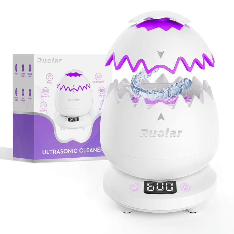 Ultrasonic Retainer Cleaner Machine for Dentures | 45kHz Dental Cleaning Pod for Mouth Guards, Aligner, Nightguard, Braces, Jewelry | 3 Timer Modes Denture Cleaner- Cooling Fan & Split-Design White