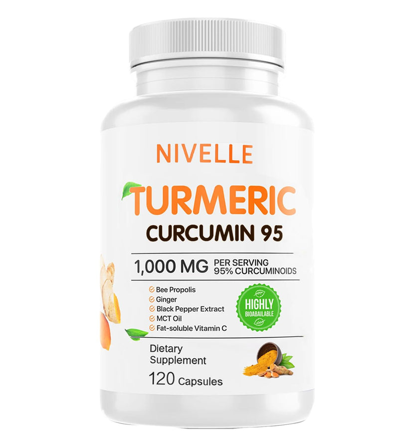 NIVELLE Turmeric Curcumin | Pure Turmeric Curcumin Supplement 1000mg | 95% Curcuminoids with Bee Propolis, Ginger, MCT Oil, Fat Soluble Vitamin C, & Black Pepper | 120 Capsules (1) 1