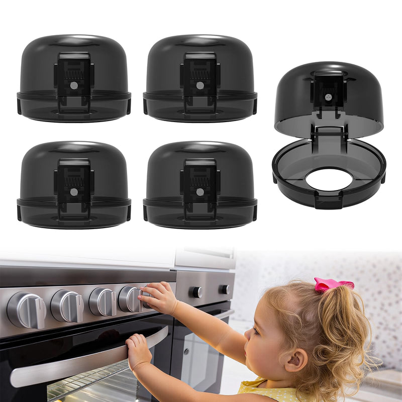 Stove Knob Covers - 5 Pack Heat Resistant Gas Stove Knob Covers with Child Proof Lock & Strong Adhesive, Oil-Proof Oven Knob Covers with Semi-Transparent Design, Black