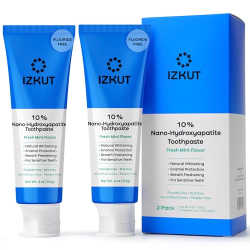 IZKUT 10% Nano Hydroxyapatite Toothpaste: Fluoride Free Natural Whitening Toothpaste for Sensitive Teeth, Enamel Support, Plaque Remover, SLS Free, Fresh Mint Flavor, Adults & Kids, 4 oz (Pack of 2)