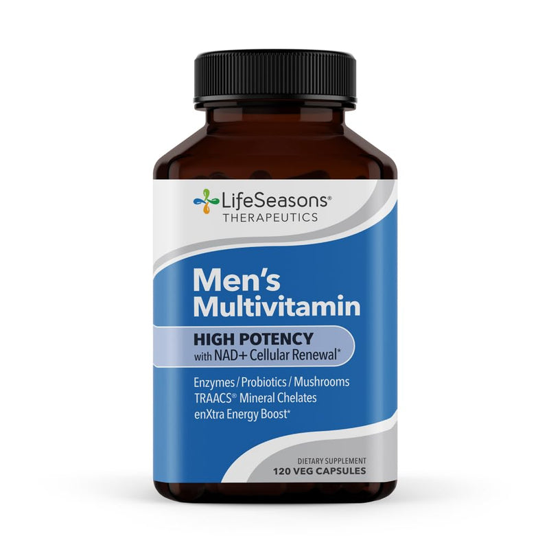 LifeSeasons Men's Multivitamin – High Potency with 21 Vitamins & Minerals, PureWay-C®, NAD+, Active B-Vitamins, TRAACS® Chelates, enXtra® for Energy, Probiotics & Mushrooms – 120 Veg Capsules