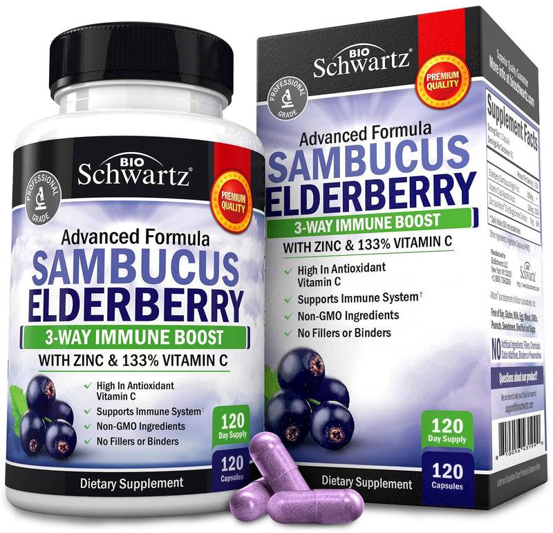 Elderberry Capsules with Zinc and Vitamin C for Adults, 120 Count | Immune Support Supplement for Women and Men, Black Sambucus Elderberry with Vitamin C and Zinc, Immune Defense Multiminerals 120 Count (Pack of 1)