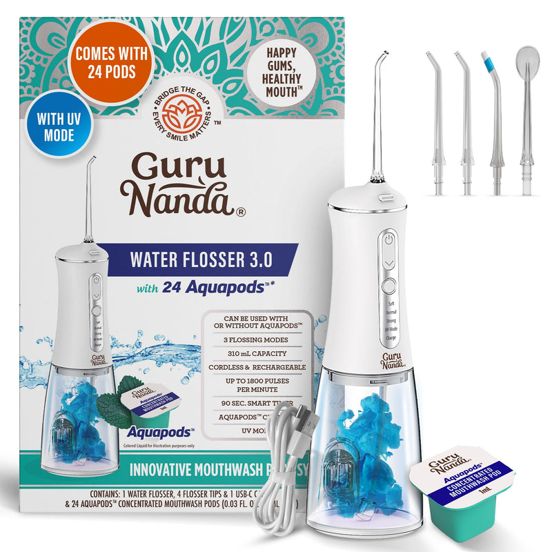 GuruNanda Advanced Dental Water Flosser 3.0 with UV Mode Water Flosser & 24 Aquapods with Mouthwash for Fresh Breath & Plaque Removal, Compact & TSA-Friendly