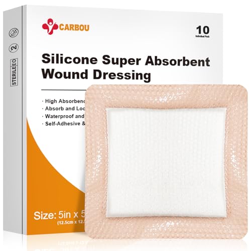 Carbou Silicone Super Absorbent Wound Dressing 5" x 5", 10 Individual Pack 5"x5"